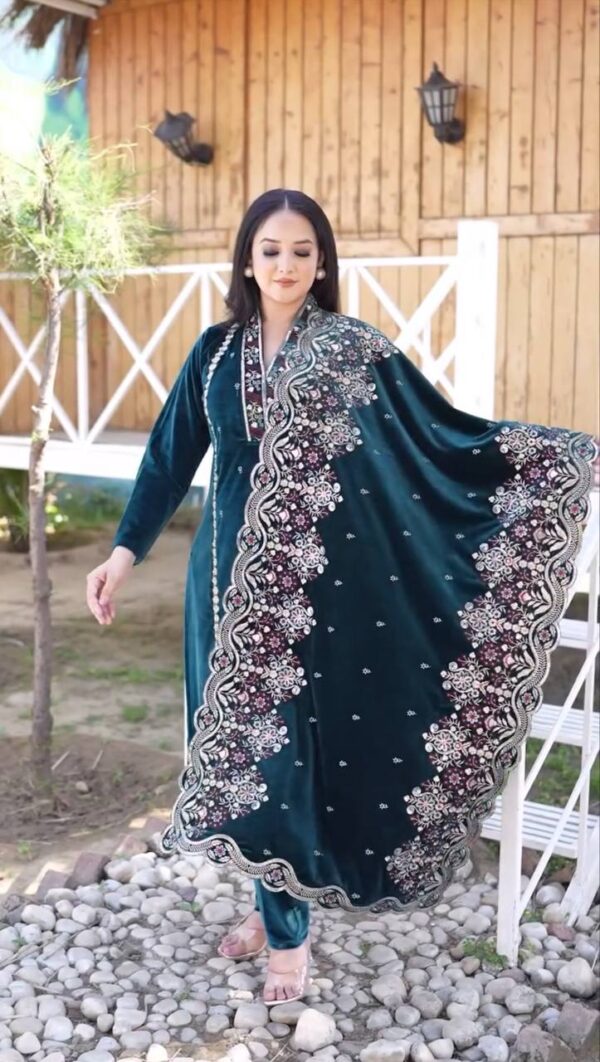 ADURABLE HEAVY VELVET  SEQUENCE EMBROIDERY WORK SUIT WITH PLAZO AND DUPATTA