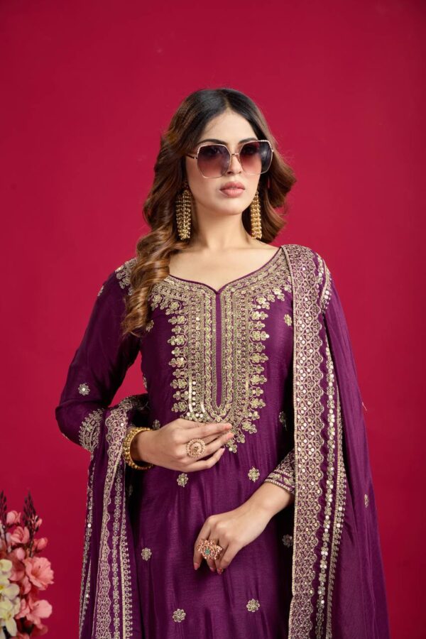 New Chinnon Silk With Heavy Embroidery Sequence Work Top-Plazo And Dupatta Set With Fully Stitched - Image 8