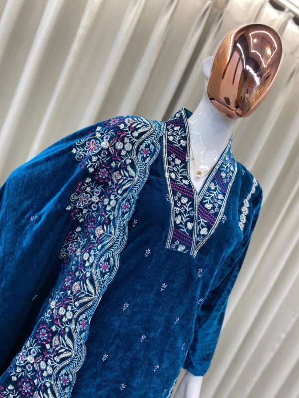 ADURABLE HEAVY VELVET  SEQUENCE EMBROIDERY WORK SUIT WITH PLAZO AND DUPATTA - Image 4