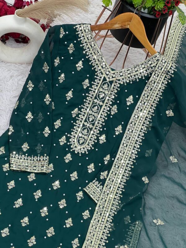 Faux Georgette And Heavy Embroidery Sequence Work Top-Bottom And Dupatta Set Fully Stitched - Image 4