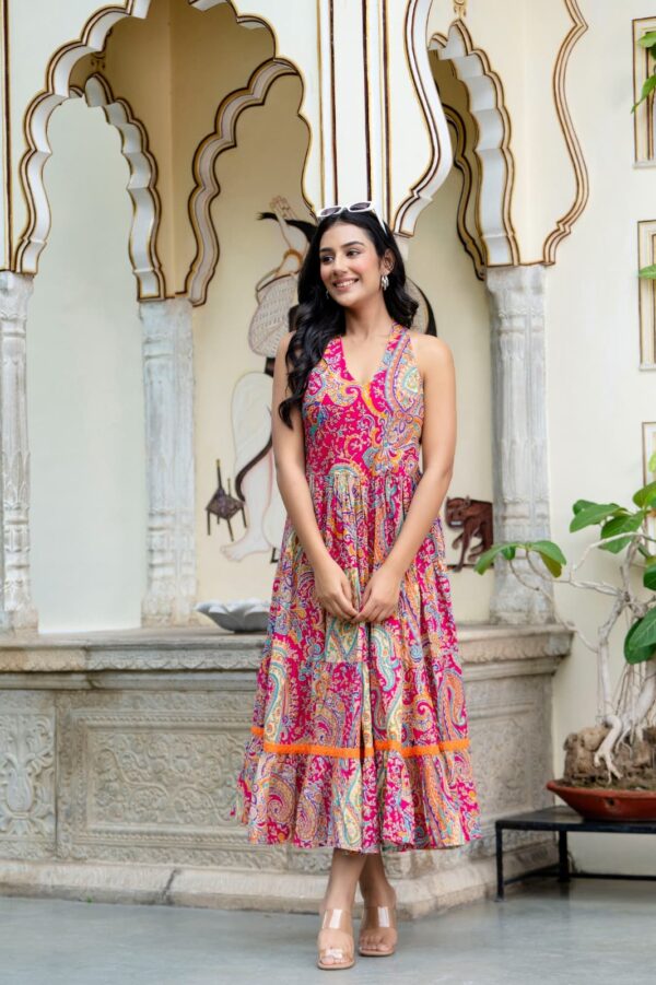 Beautiful Heavy Cotton Fabric Printed Pink Full Gown - Image 3