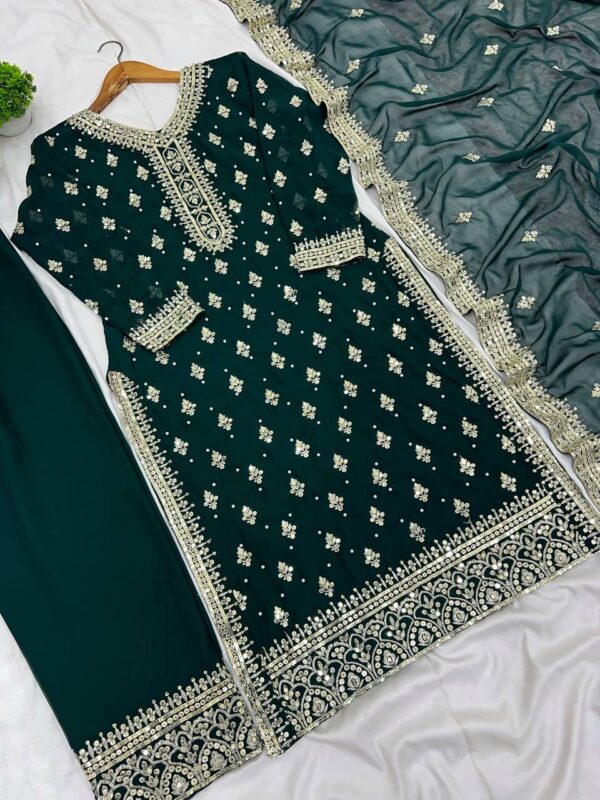 Faux Georgette And Heavy Embroidery Sequence Work Top-Bottom And Dupatta Set Fully Stitched - Image 2