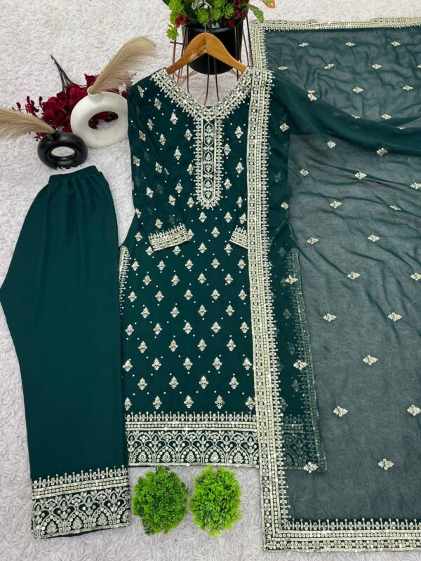 Faux Georgette And Heavy Embroidery Sequence Work Top-Bottom And Dupatta Set Fully Stitched - Image 3