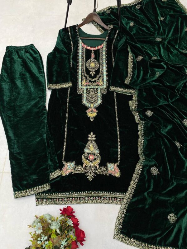 NEW DESIGNER STYLE VELVET EMBROIDERY WORK SUIT PANT WITH DUPATTA - Image 3