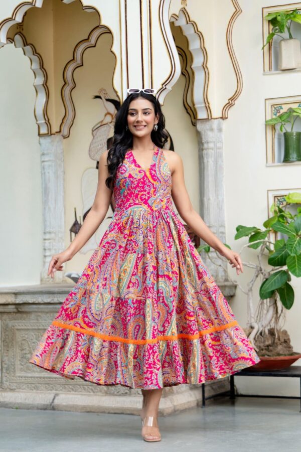 Beautiful Heavy Cotton Fabric Printed Pink Full Gown