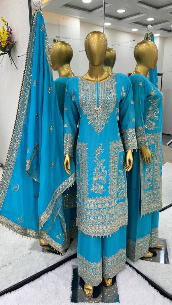 New Designer Collection in Pure Chinnon with Heavy Embroidery Coding Dori-Sequence Work Top, Plazo, and Dupatta Set one