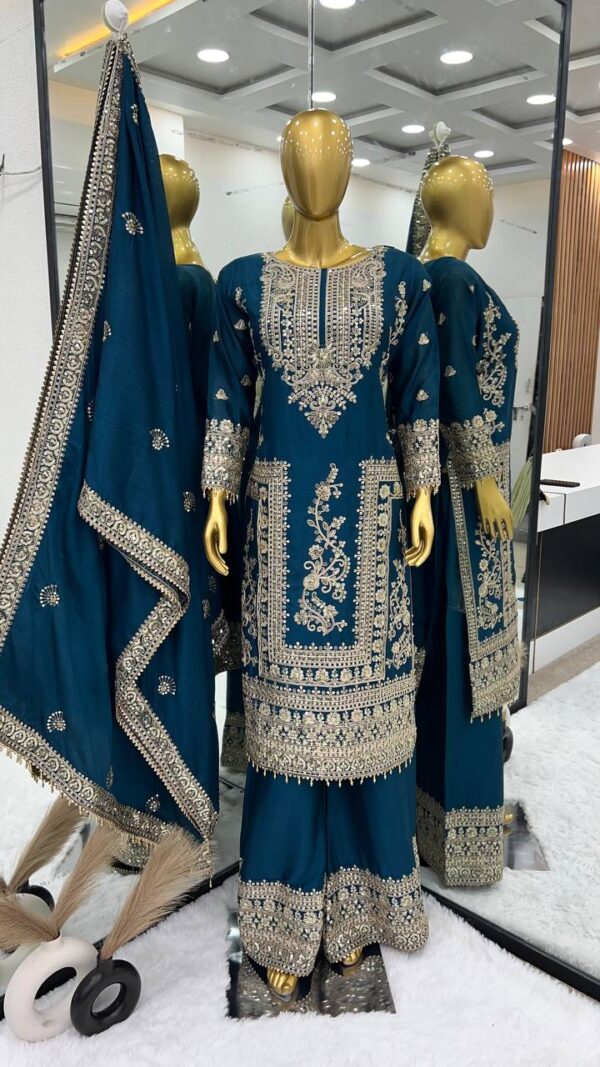 New Designer Collection in Pure Chinnon with Heavy Embroidery Coding Dori-Sequence Work Top, Plazo, and Dupatta Set Two