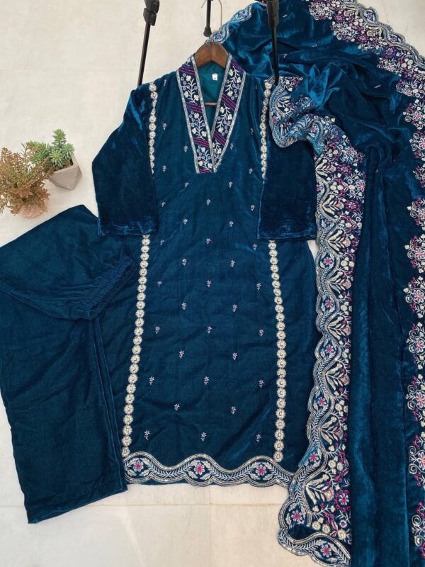 ADURABLE HEAVY VELVET  SEQUENCE EMBROIDERY WORK SUIT WITH PLAZO AND DUPATTA - Image 6