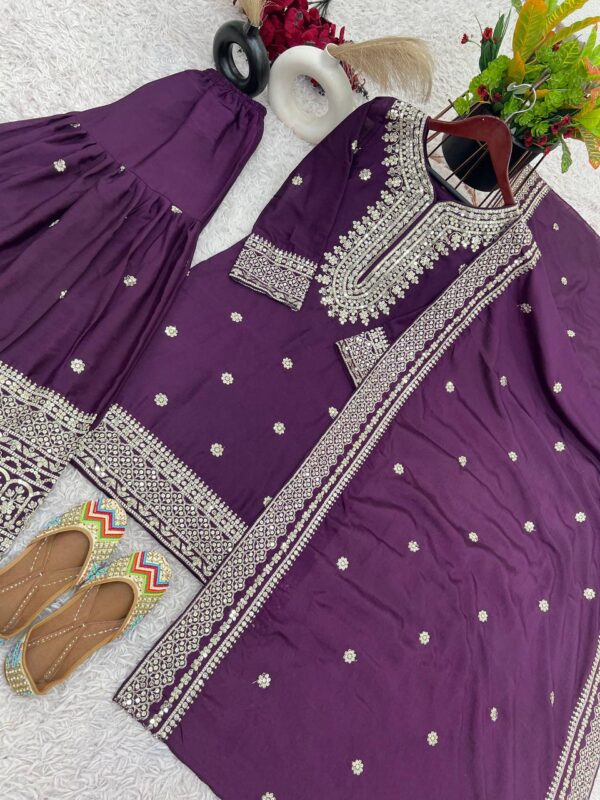 New Chinnon Silk With Heavy Embroidery Sequence Work Top-Plazo And Dupatta Set With Fully Stitched - Image 6