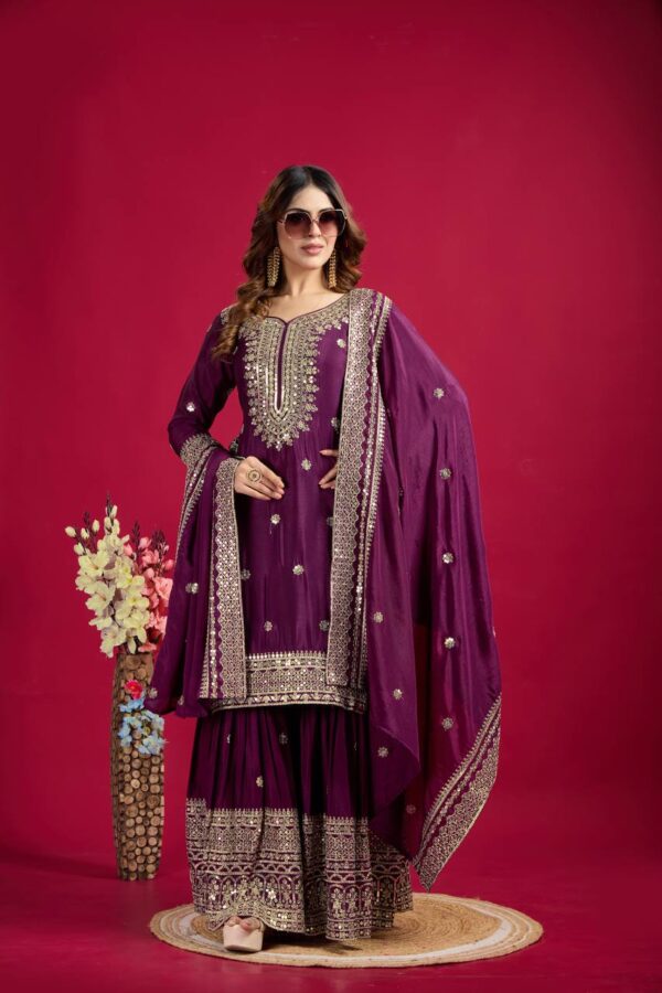 New Chinnon Silk With Heavy Embroidery Sequence Work Top-Plazo And Dupatta Set With Fully Stitched