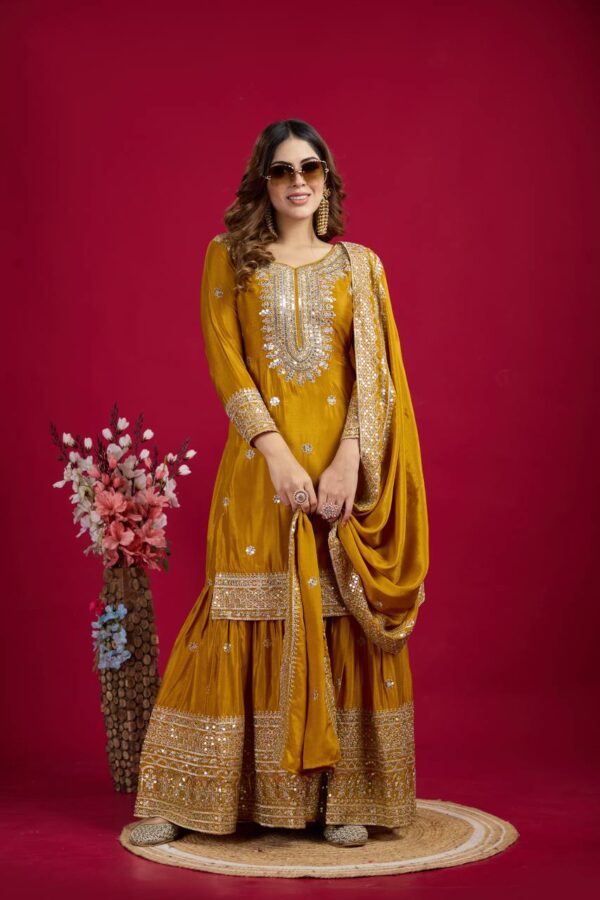 New Chinnon Silk With Heavy Embroidery Sequence Work Top-Plazo And Dupatta Set With Fully Stitched - Image 5