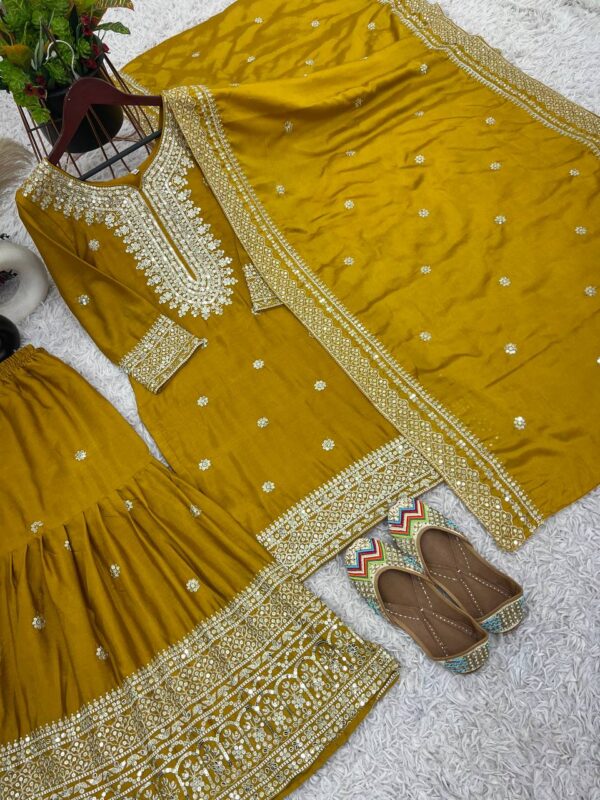 New Chinnon Silk With Heavy Embroidery Sequence Work Top-Plazo And Dupatta Set With Fully Stitched - Image 2